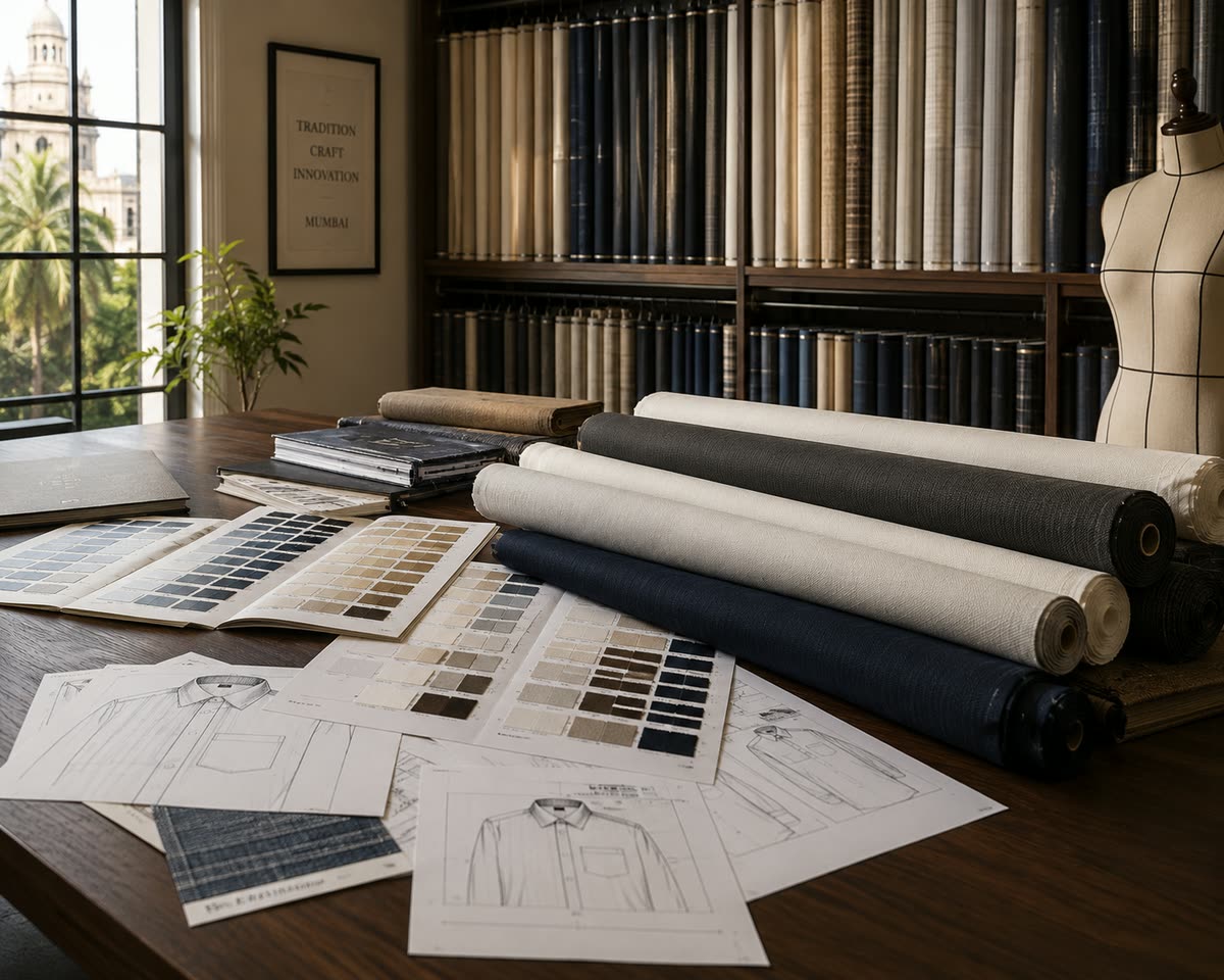 Fabric rolls, shade cards and shirt sketches on the design table at Shandar Enterprise, Mumbai