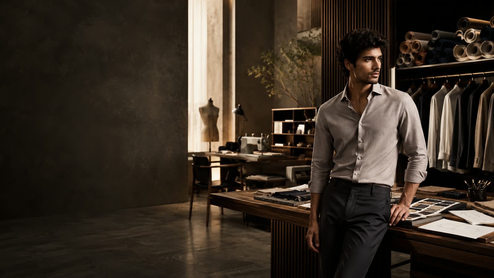 Shandar Enterprise design atelier in Mumbai with shirting fabric rolls and shade cards