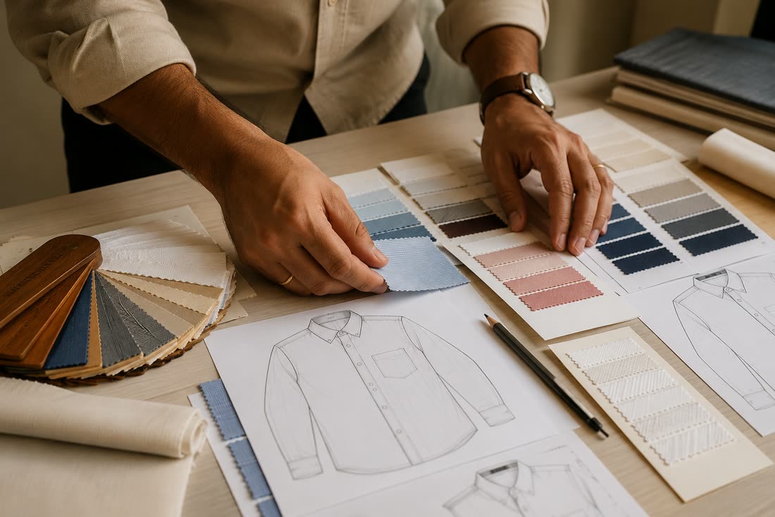 Designer selecting shirting swatches against technical shirt drawings