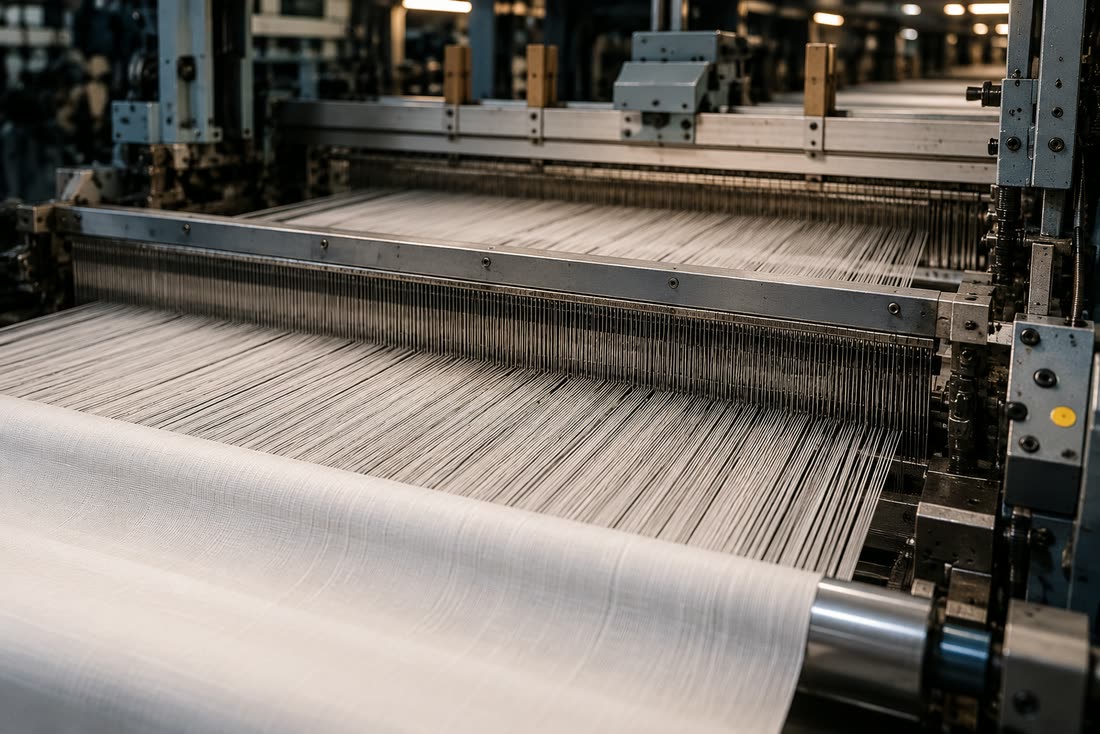Shuttleless weaving loom producing shirting fabric
