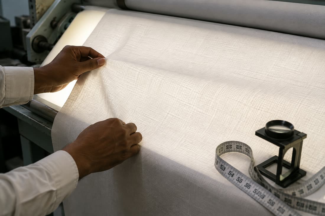 Quality inspector checking shirting fabric over a backlit inspection machine